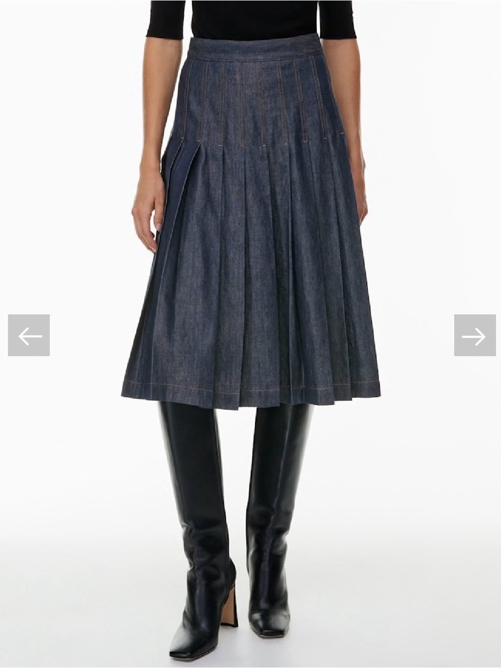 Aritzia Pleated Denim Midi Skirt in Dark Blue